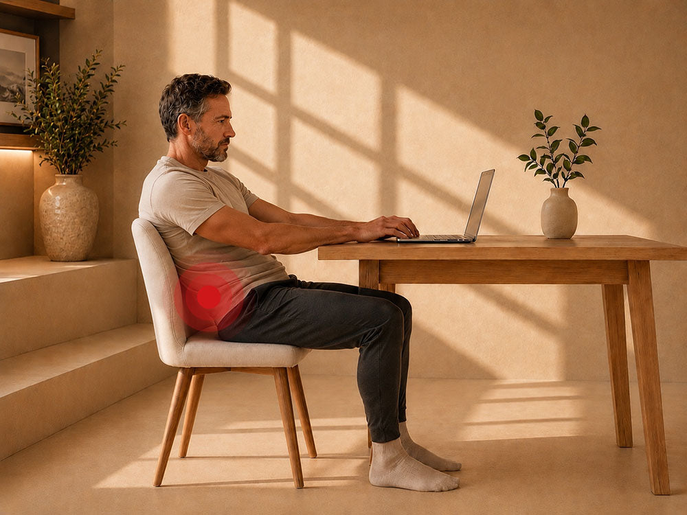 Man with a stiff lower back after sitting — gentle supported FlexBuddy stretches can help ease everyday stiffness